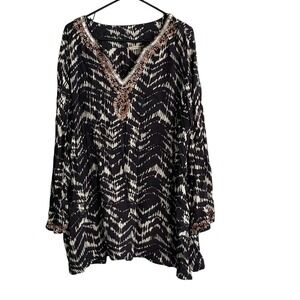 Soft Surroundings 3X Tunic Top Sequin Boho Akira Printed V-Neck Beaded Glam